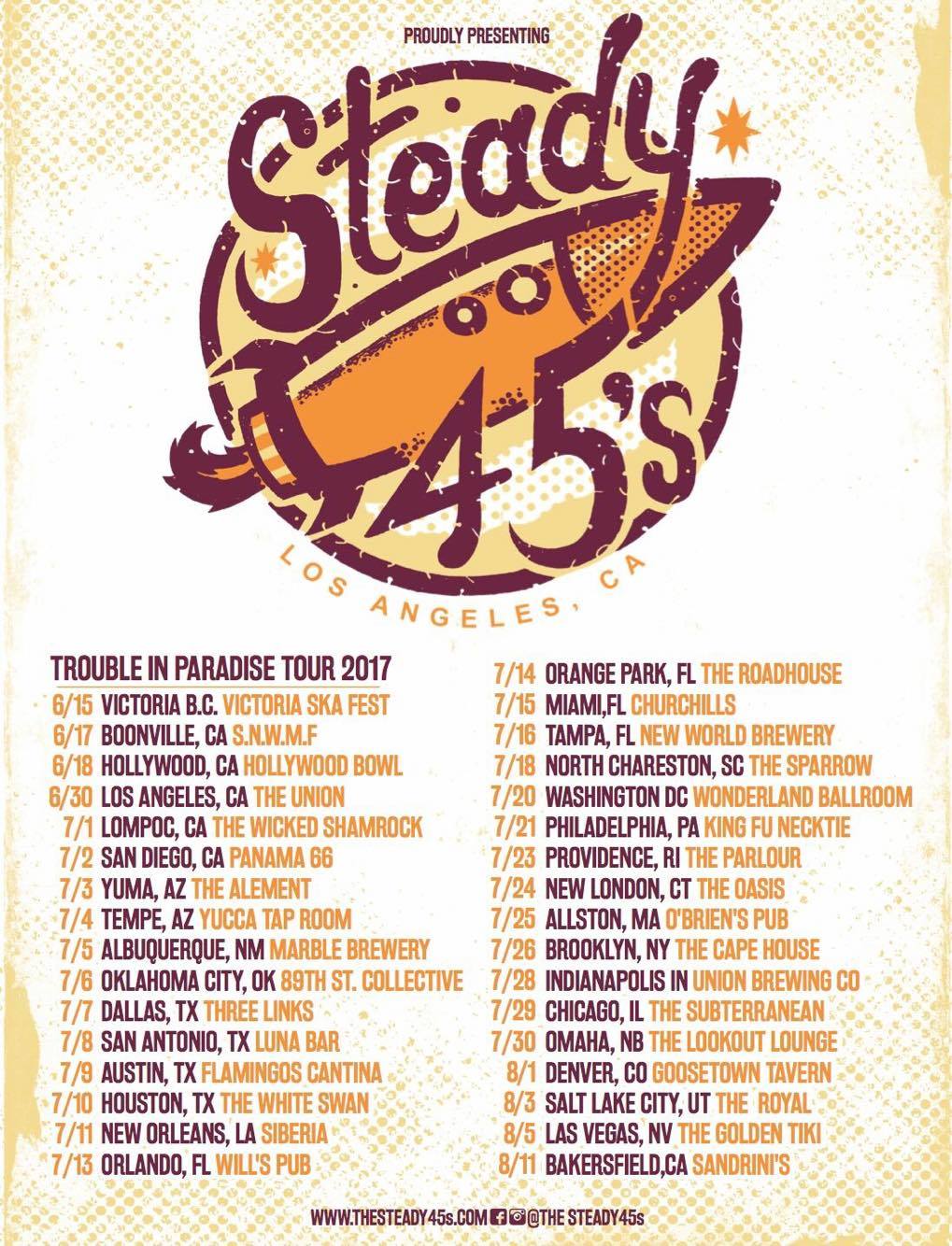 Poster for the Steady 45s 2017 Troublein Paradise Tour with dates